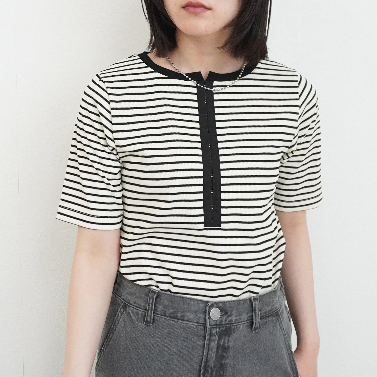 配色ヘンリーネックテレコリブTシャツ