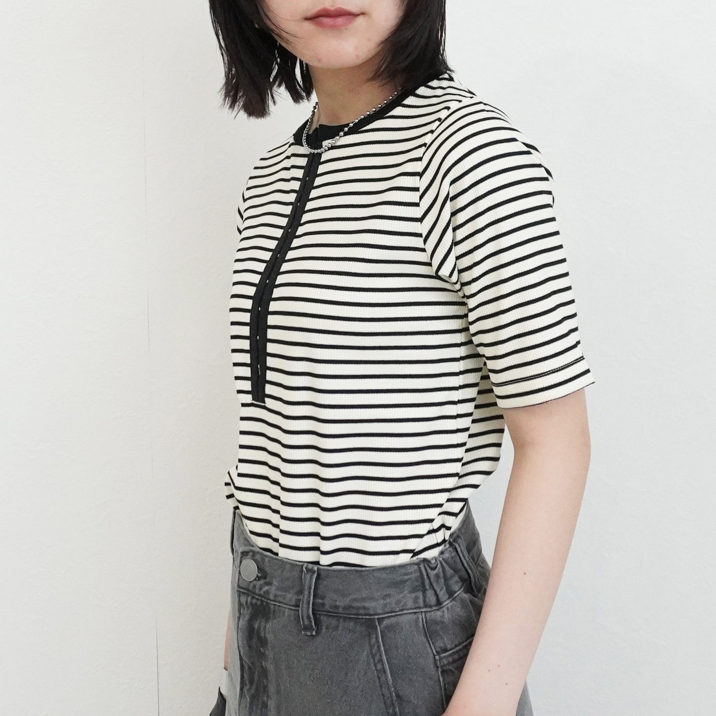 配色ヘンリーネックテレコリブTシャツ