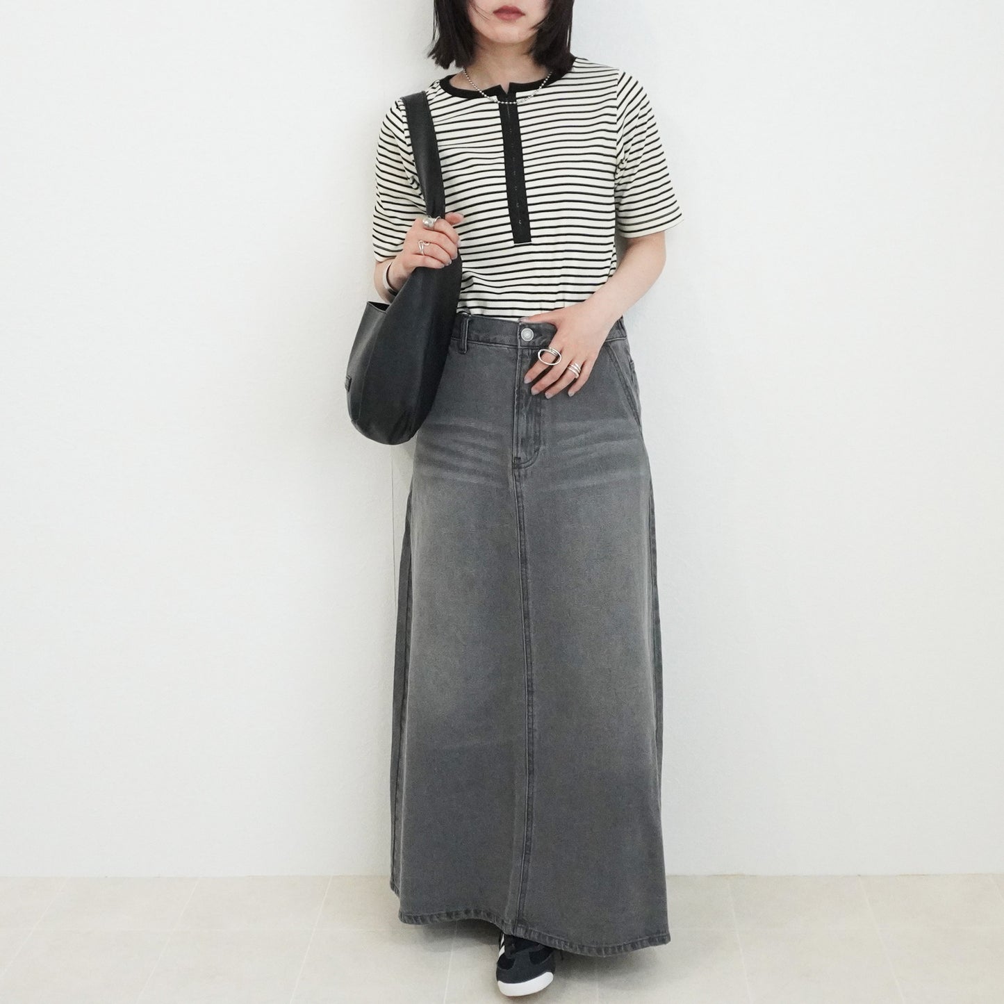 配色ヘンリーネックテレコリブTシャツ