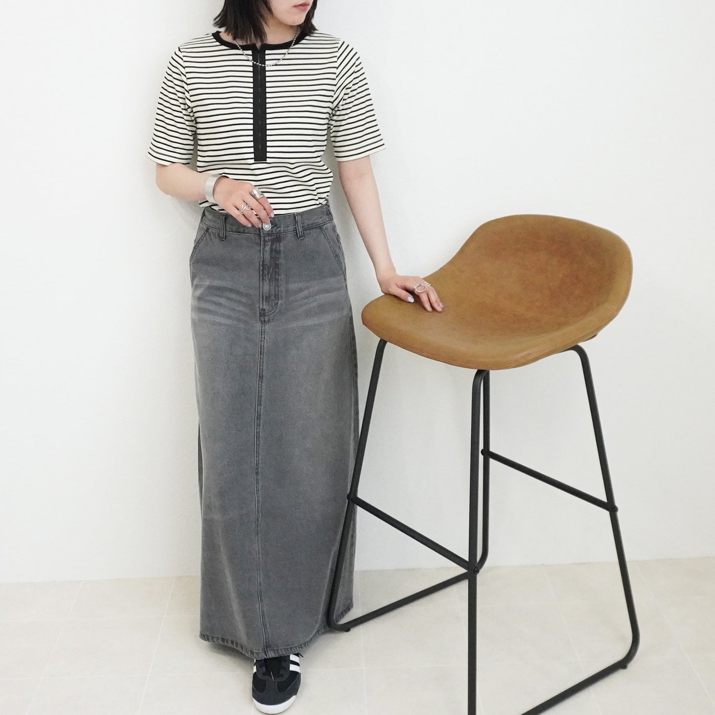 配色ヘンリーネックテレコリブTシャツ