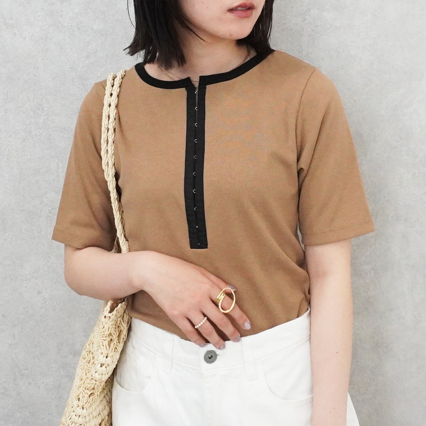 配色ヘンリーネックテレコリブTシャツ