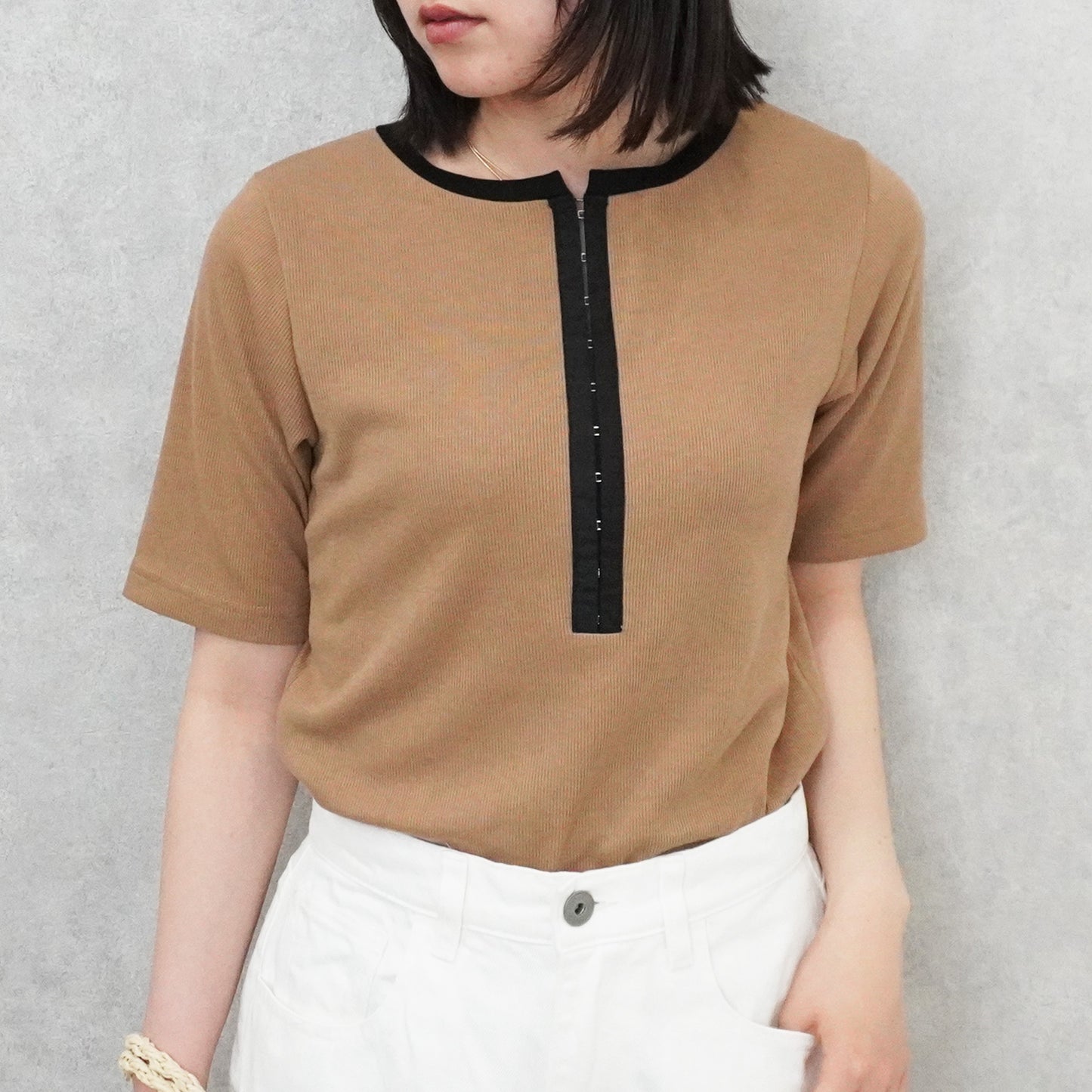 配色ヘンリーネックテレコリブTシャツ