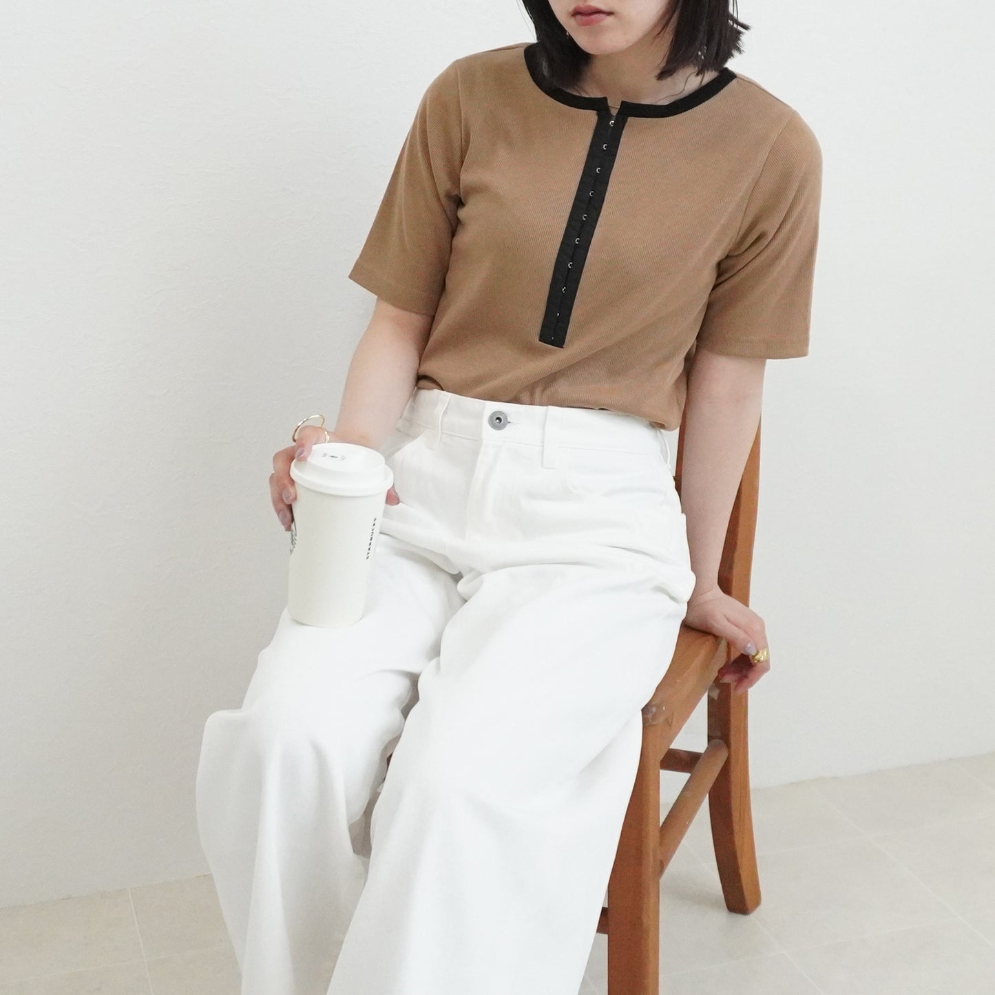 配色ヘンリーネックテレコリブTシャツ