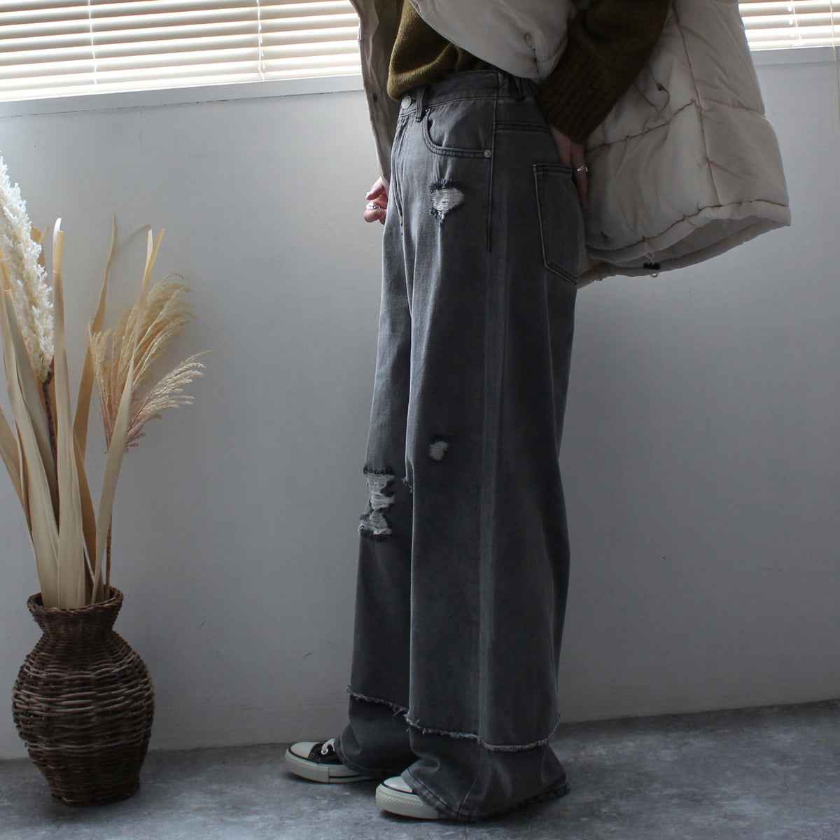 クラッシュダメージ加工リメイク風デニムワイドパンツ/ セレクト
