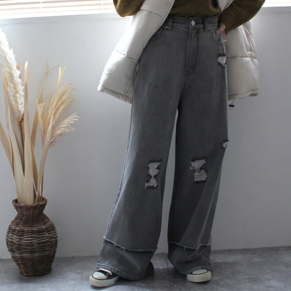 クラッシュダメージ加工リメイク風デニムワイドパンツ/ セレクト