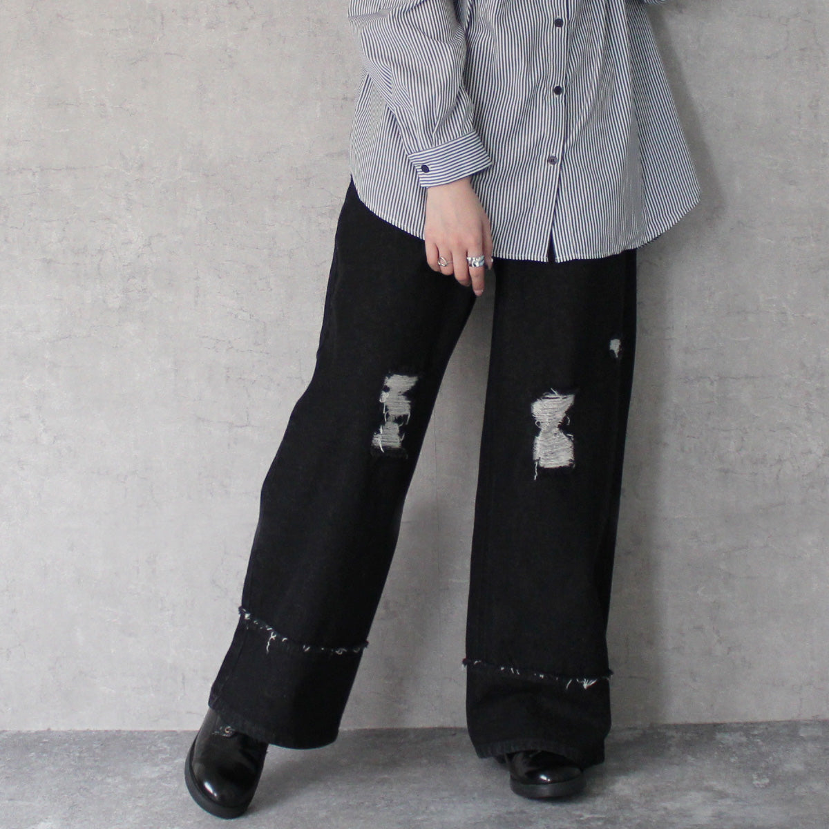 クラッシュダメージ加工リメイク風デニムワイドパンツ/ セレクト 