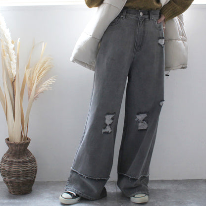 クラッシュダメージ加工リメイク風デニムワイドパンツ