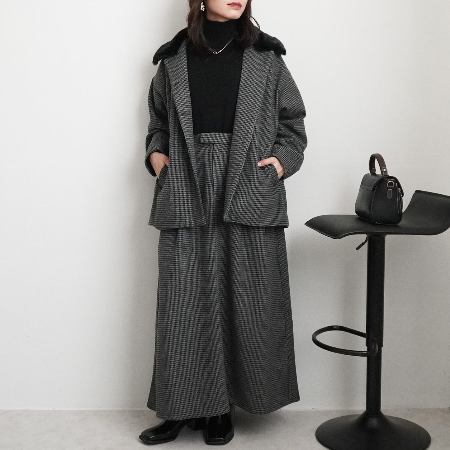 2wayカラーファー千鳥格子柄ジャケット