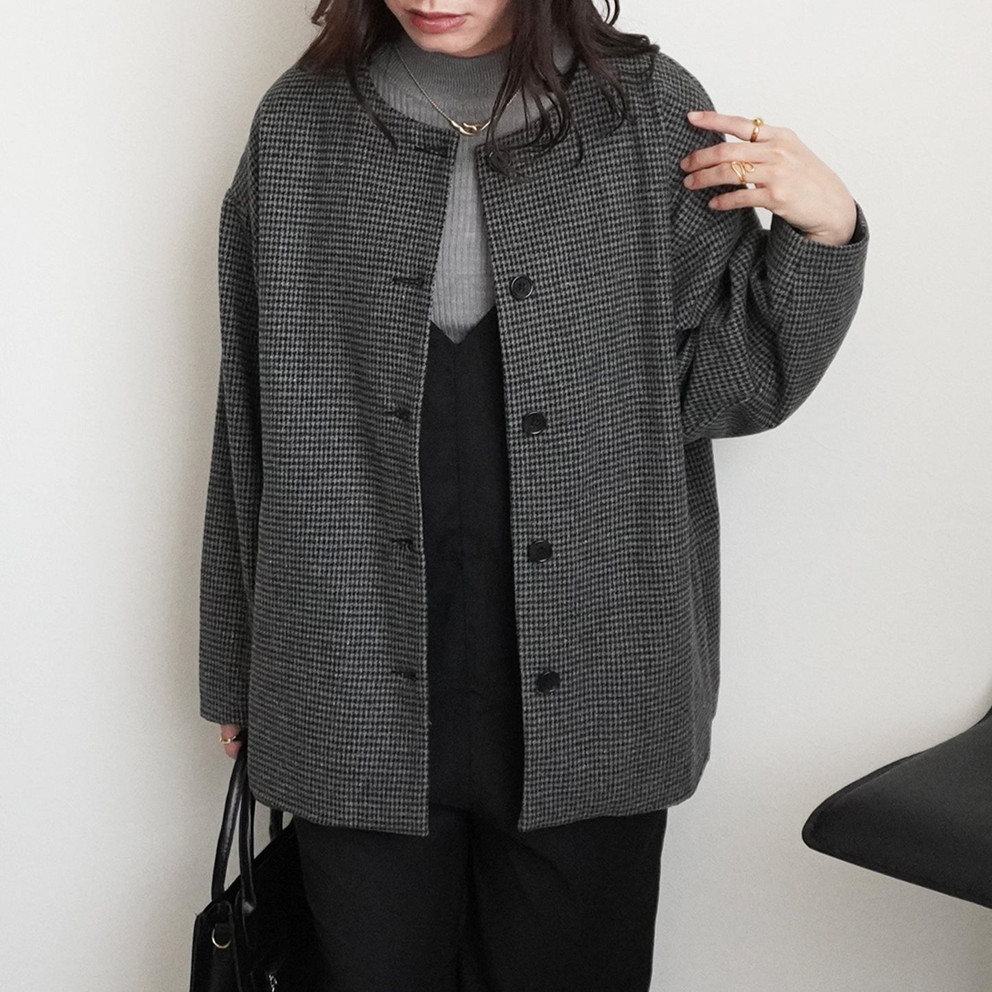 2wayカラーファー千鳥格子柄ジャケット