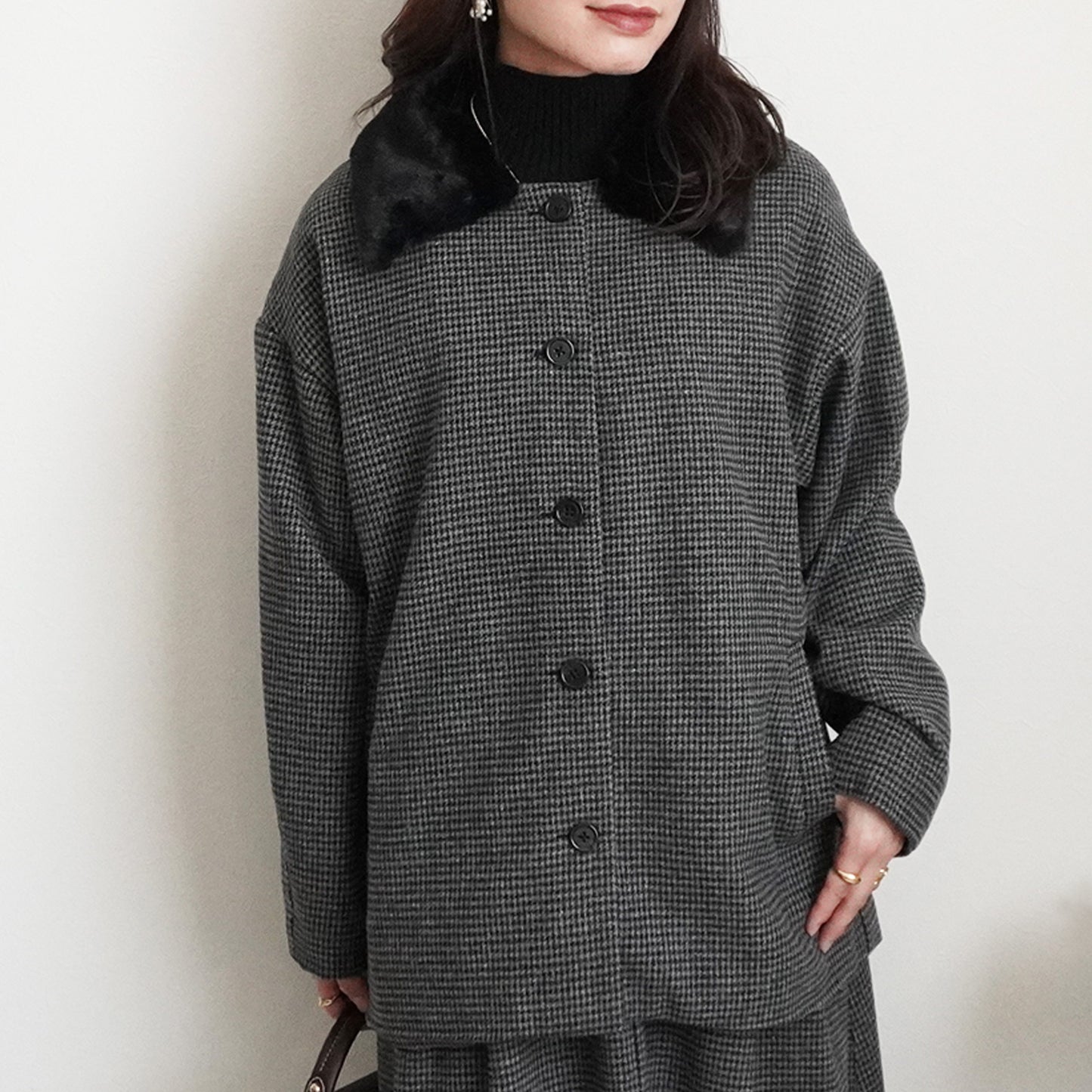 2wayカラーファー千鳥格子柄ジャケット