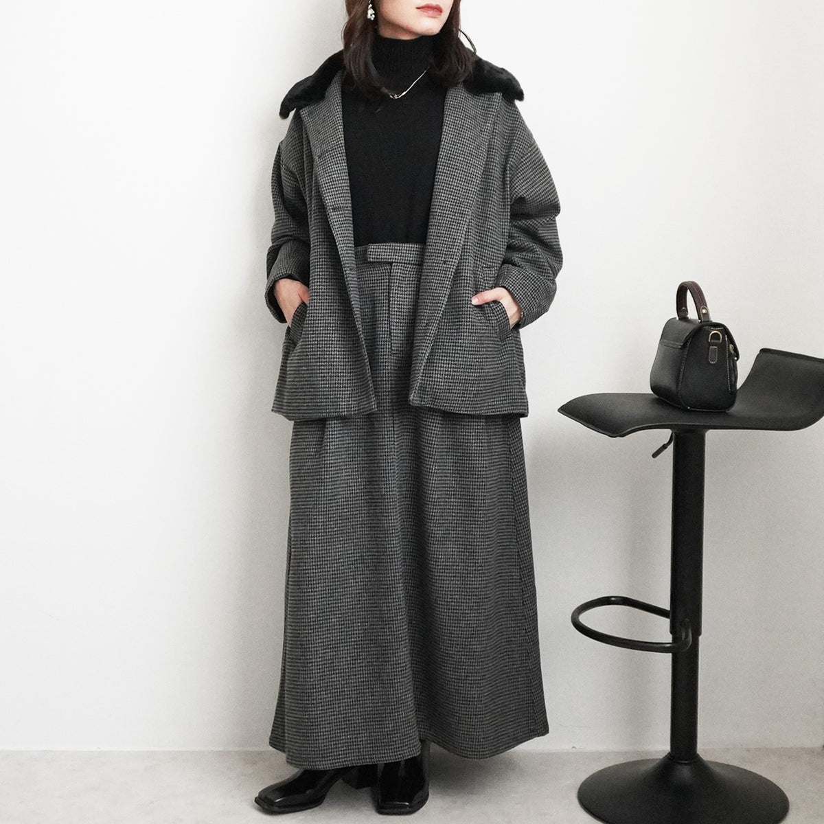 千鳥格子柄ファー付きノーカラーコート