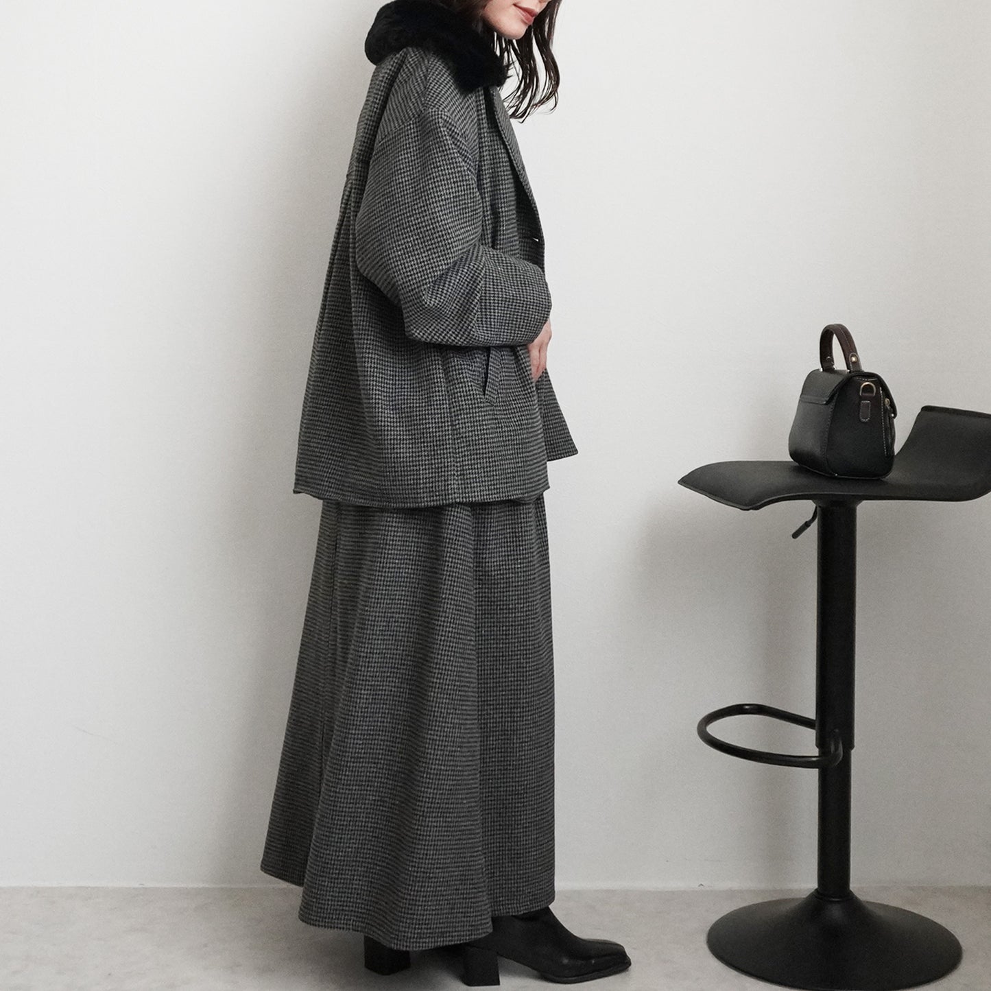 2wayカラーファー千鳥格子柄ジャケット