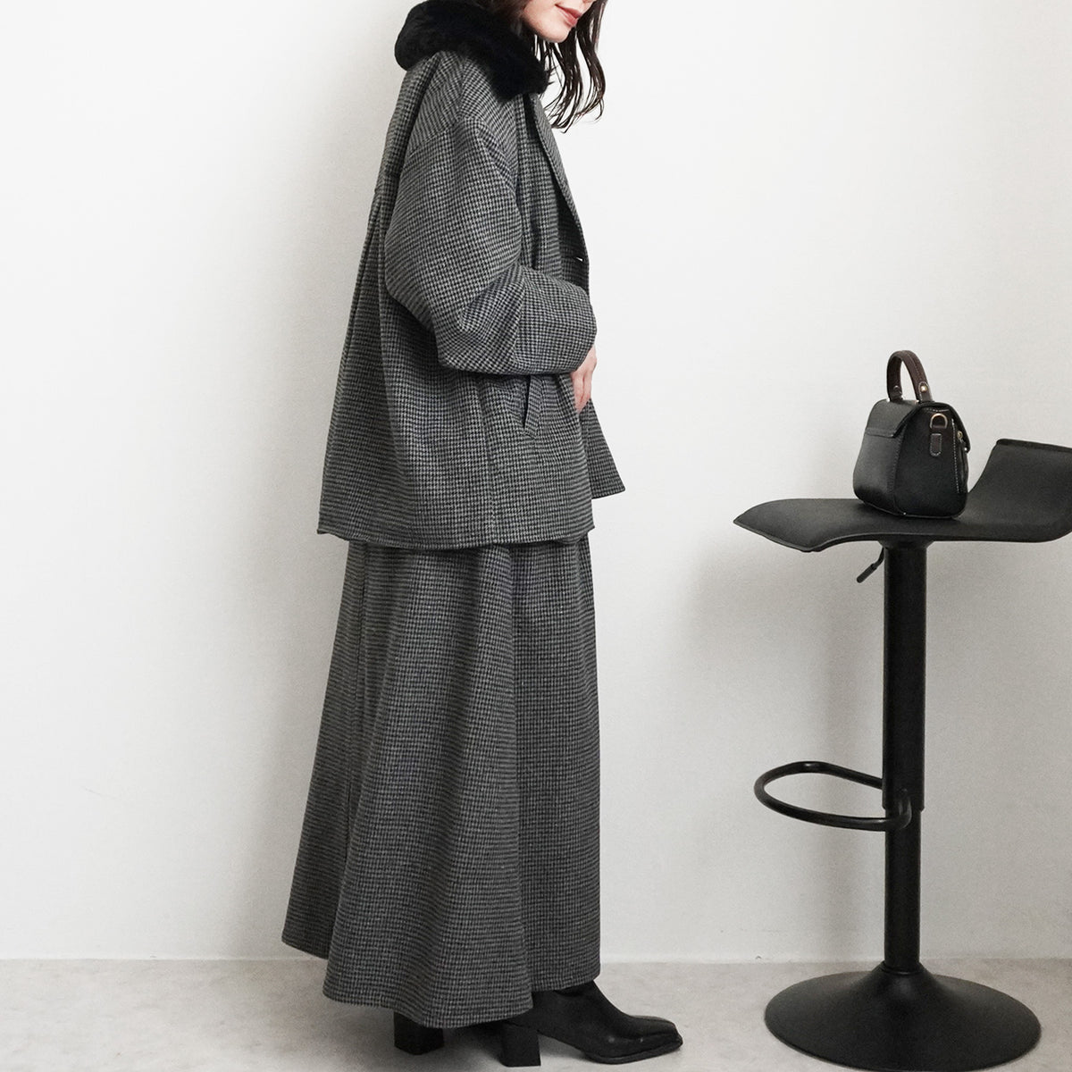 千鳥格子柄ファー付きノーカラーコート