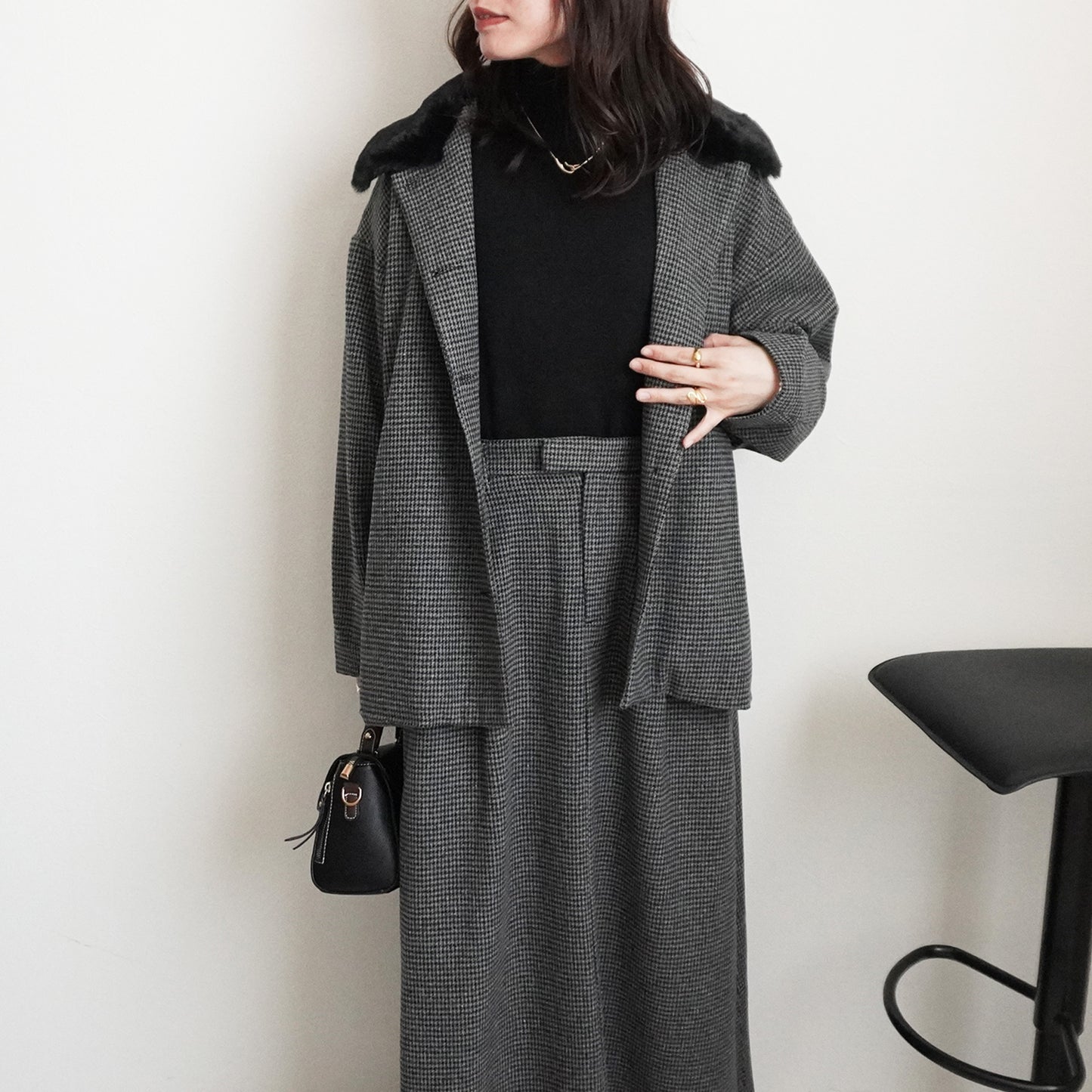 2wayカラーファー千鳥格子柄ジャケット