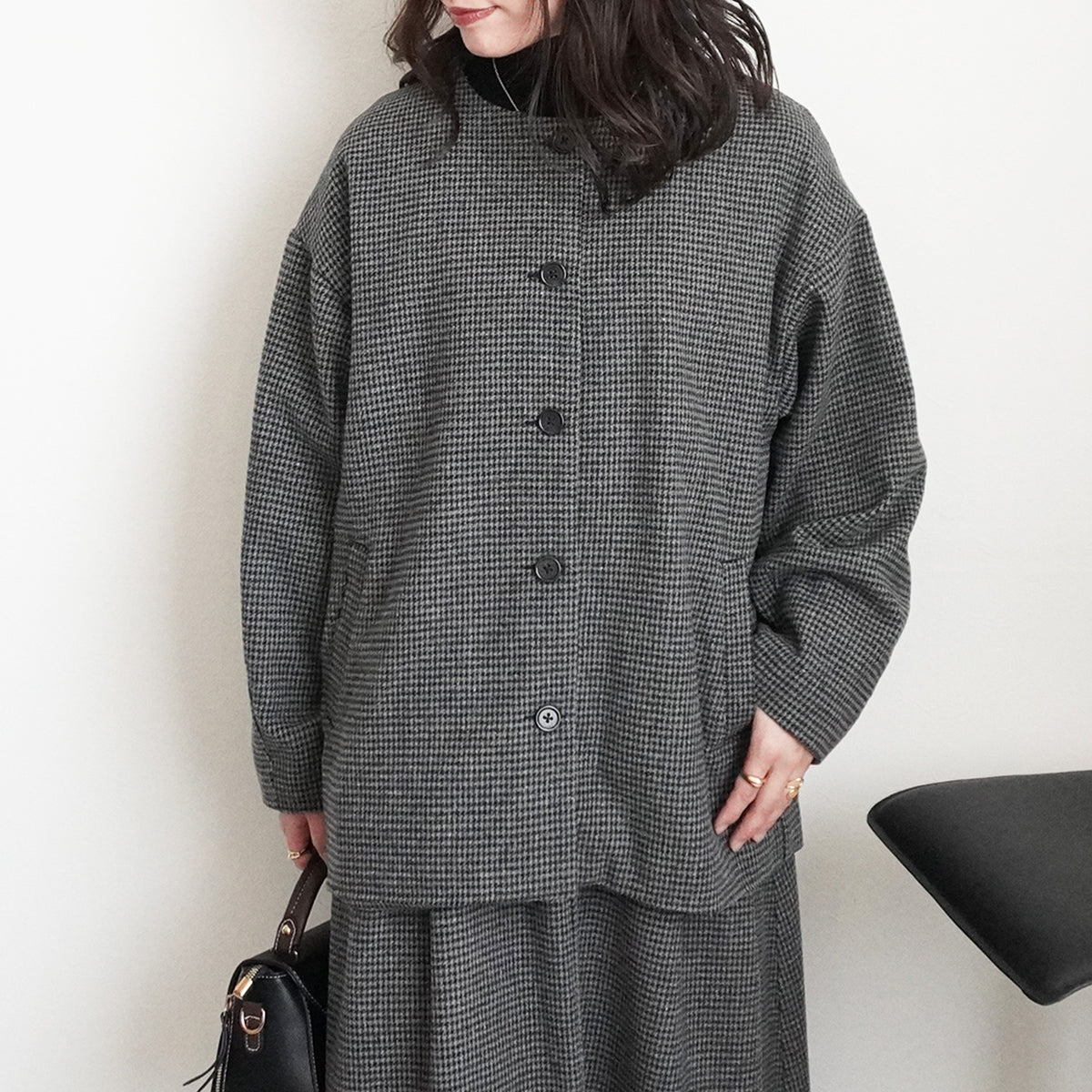 千鳥格子柄ファー付きノーカラーコート