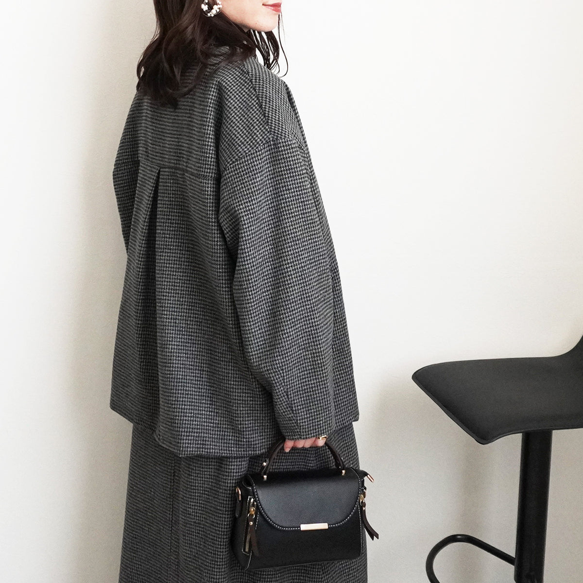 千鳥格子柄ファー付きノーカラーコート