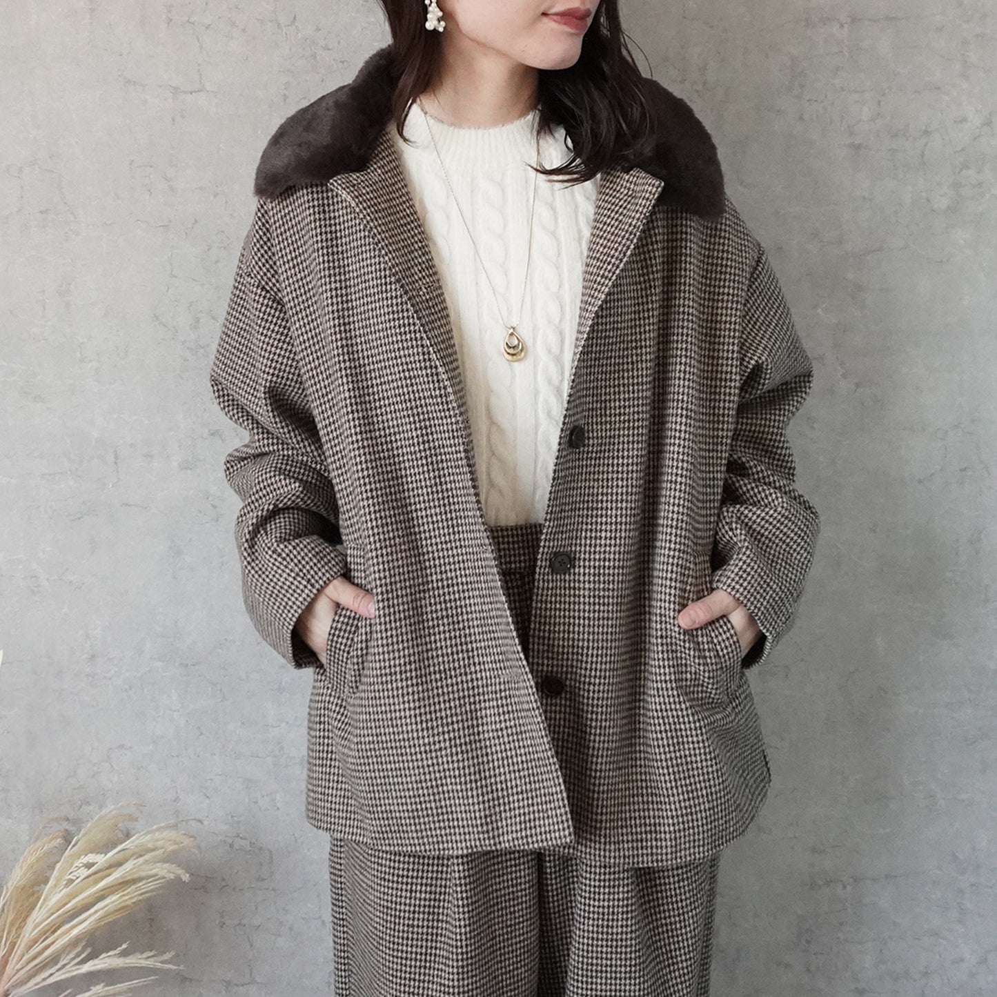 2wayカラーファー千鳥格子柄ジャケット