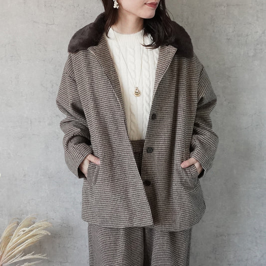 2wayカラーファー千鳥格子柄ジャケット