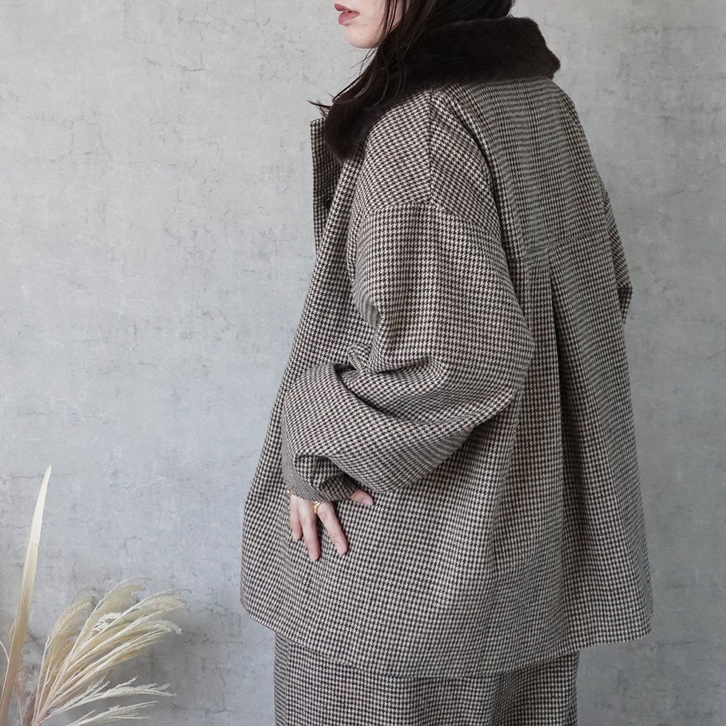 2wayカラーファー千鳥格子柄ジャケット