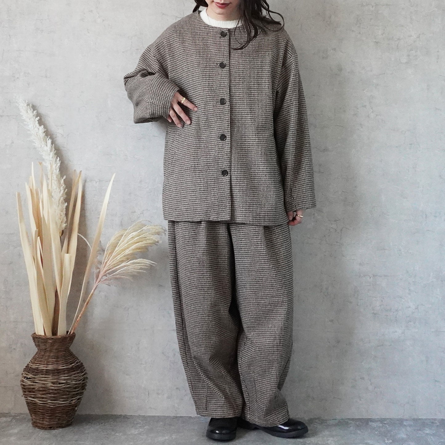 2wayカラーファー千鳥格子柄ジャケット