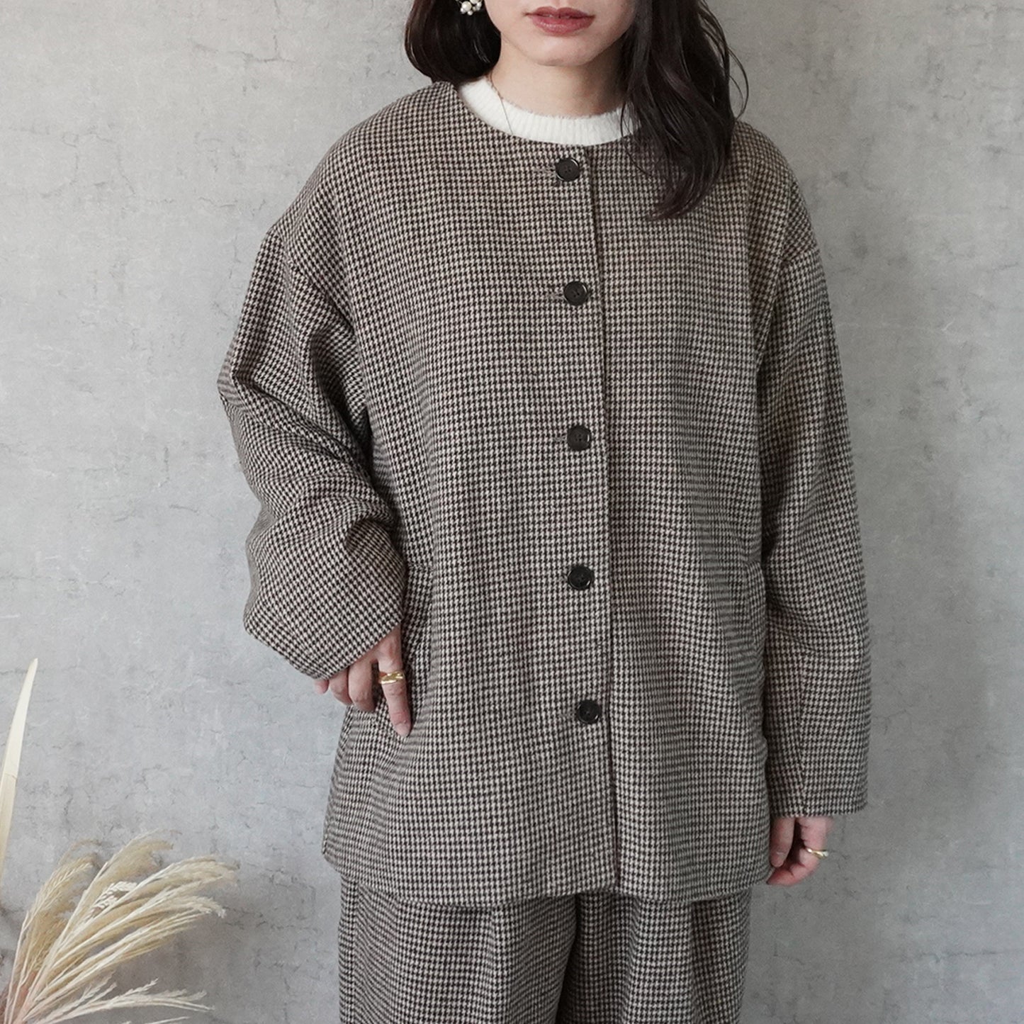 2wayカラーファー千鳥格子柄ジャケット