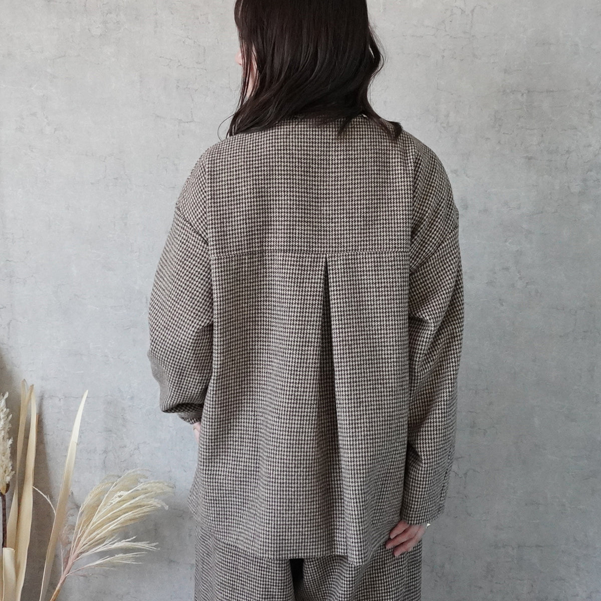 千鳥格子柄ファー付きノーカラーコート