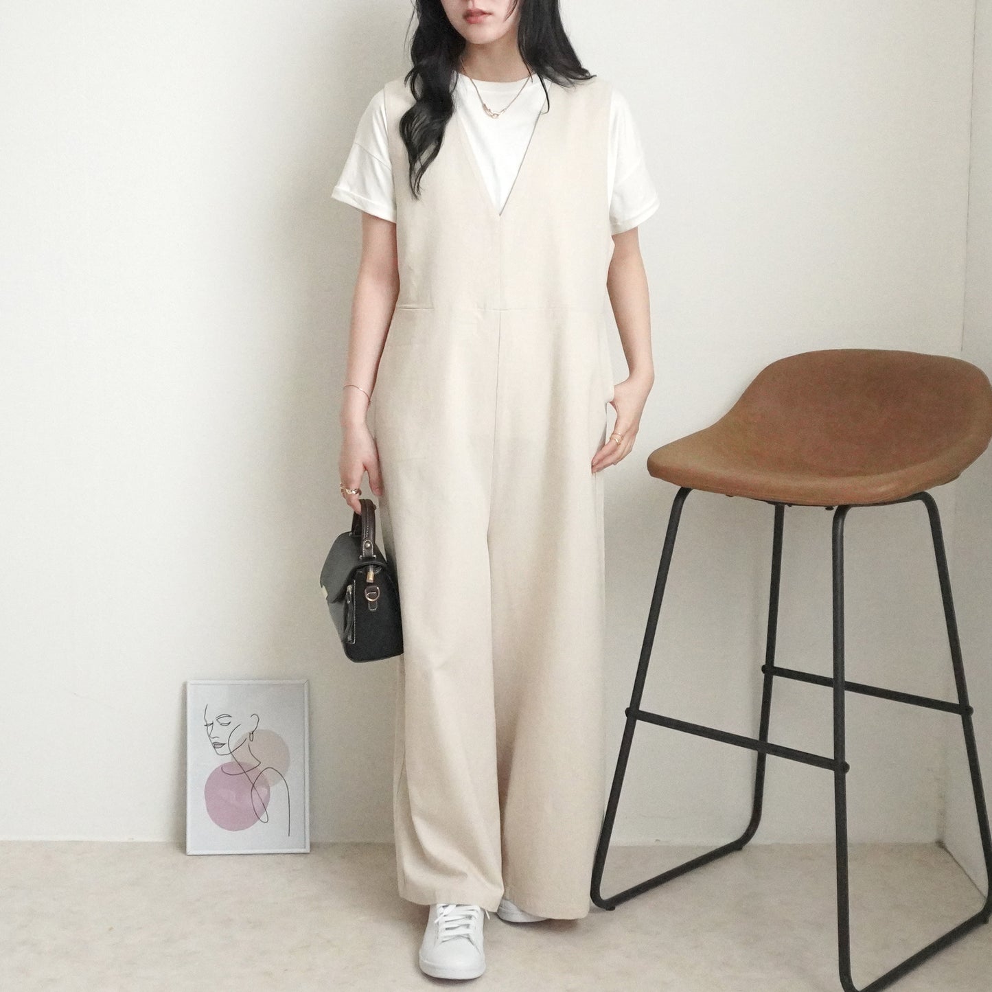 Vネック綿麻サロペット