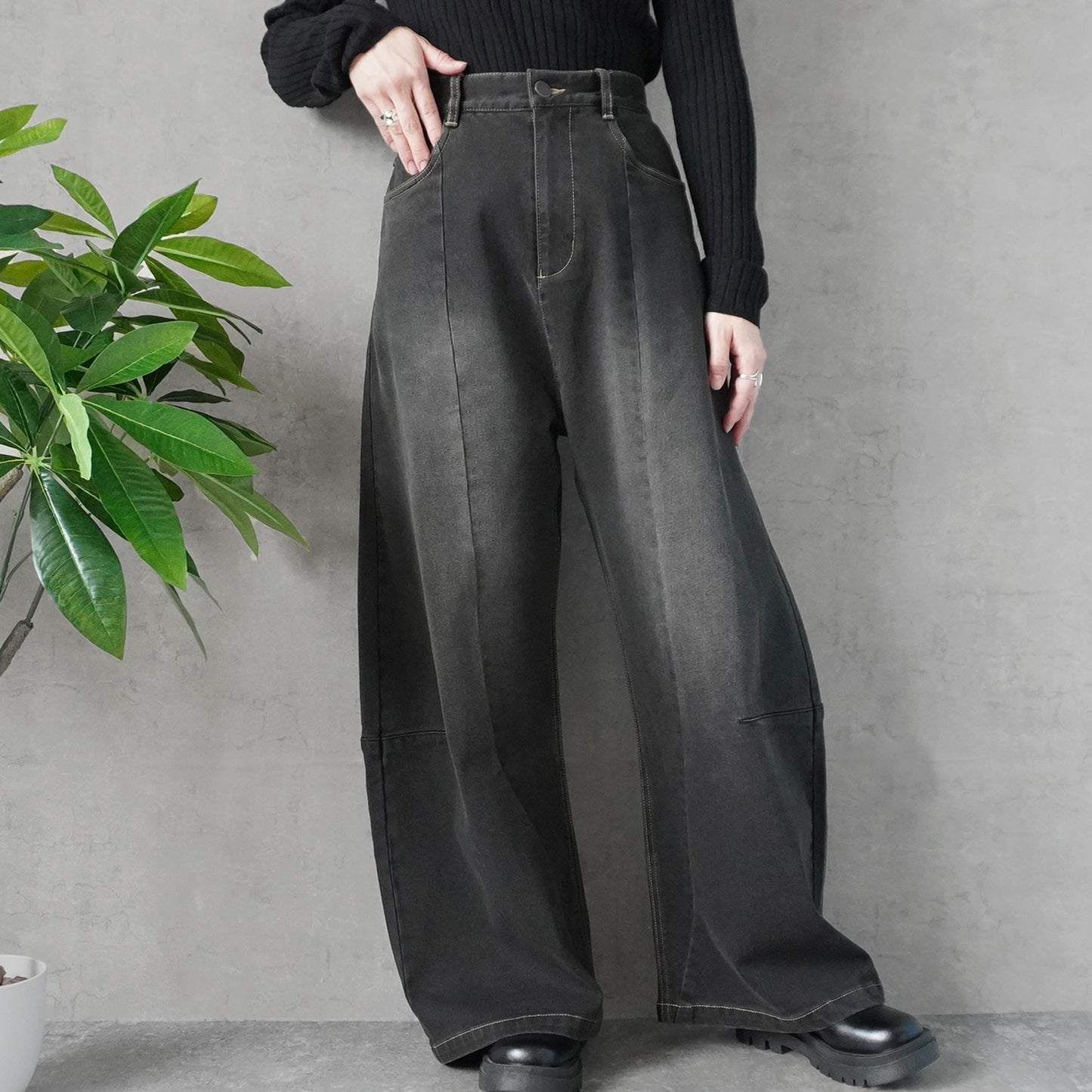裏起毛デニムワイドカーブパンツ