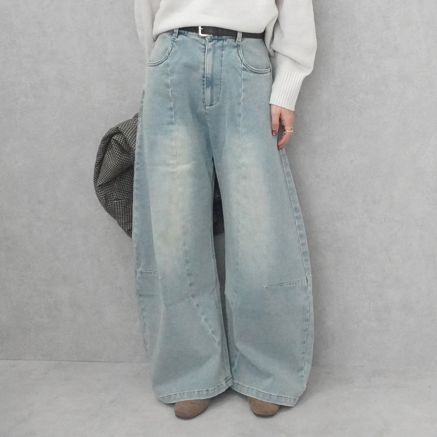 裏起毛デニムワイドカーブパンツ
