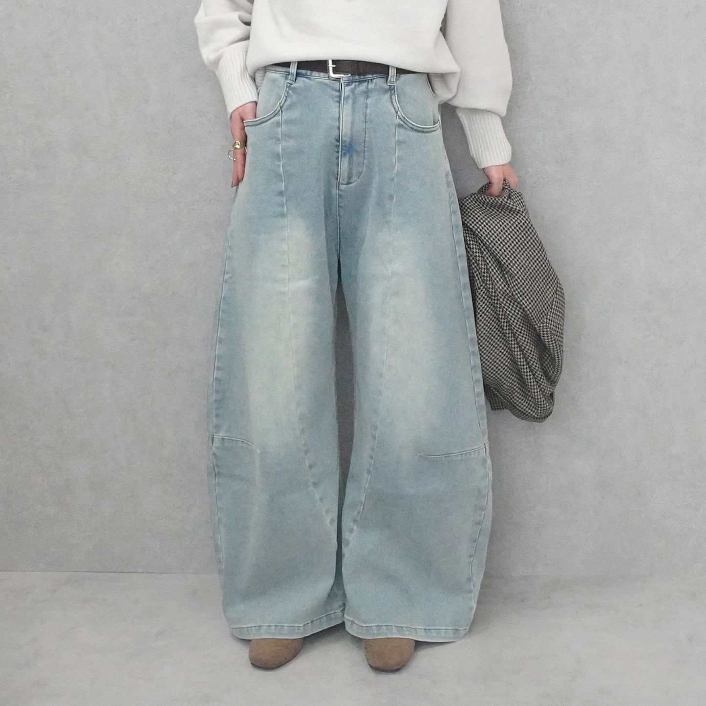 裏起毛デニムワイドカーブパンツ